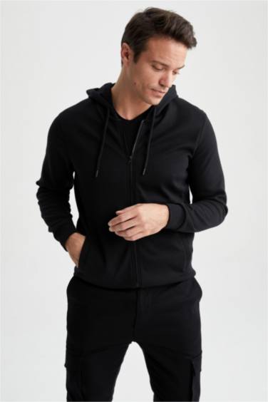 Regular Fit Hooded Zippered Cardigan
