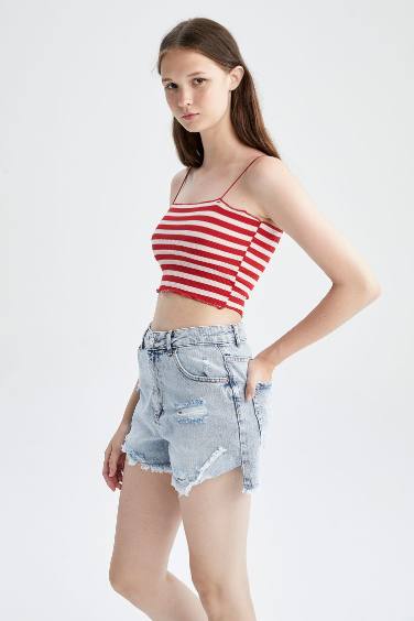 Fitted Striped Waffle Crop Top