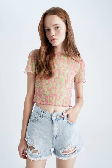 Slim Fit Printed Tulle Short Sleeve T-Shirt