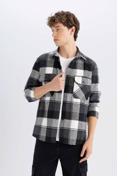 Relax Fit Waffle Kareli Oduncu Flanel Pamuklu Uzun Kollu Gömlek