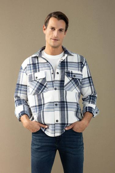 Lacivert Relax Fit Polo Yaka Kareli Oduncu Flanel Pamuklu Uzun Kollu Gömlek