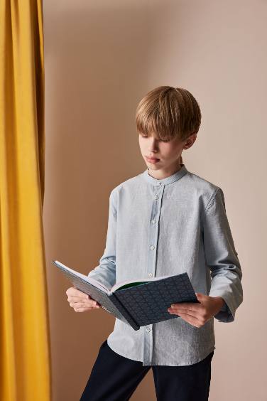 Boy Stand Collar Linen Look Long Sleeve Shirt