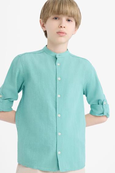 Boy Regular Fit Stand-up Collar Linen Look Shirt