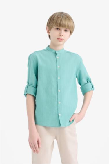 Boy Regular Fit Stand-up Collar Linen Look Shirt