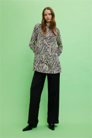 Regular Fit Shirt Collar Printed Long Sleeve Tunic