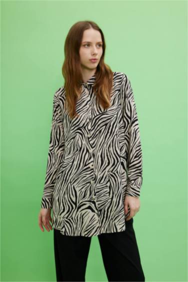 Regular Fit Shirt Collar Printed Long Sleeve Tunic