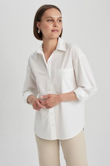 Oversize Fit Shirt Collar Poplin Long Sleeve Shirt