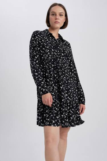 Shirt Collar Patterned Long Sleeve Mini Dress