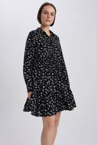 Shirt Collar Patterned Long Sleeve Mini Dress