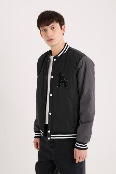 College Collar Snap Button Double Pocket Waterproof Bomber Jacket