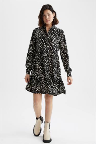 Shirt Collar Zebra Long Sleeve Mini Dress