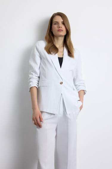 Oversize Geniş Kalıp Keten Karışımlı Beyaz  Blazer Ceket