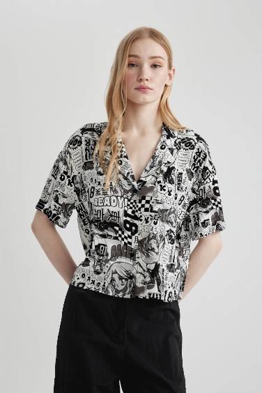 Patterned Pajama Collar Short Sleeve Shirt