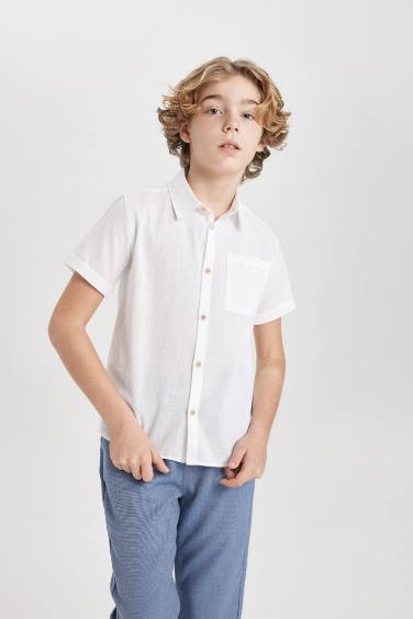 Chemise à Manches Courtes avec Col Polo et Aspect Lin