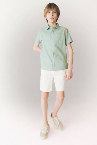 Boy Polo Neck Linen Look Basic Short Sleeve Shirt