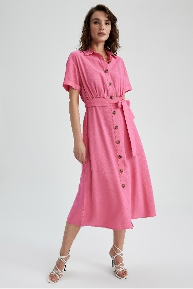 Shirt Collar Linen Look Midi Short Sleeve Dress