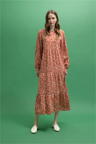Crew Neck Floral Long Sleeve Maxi Dress
