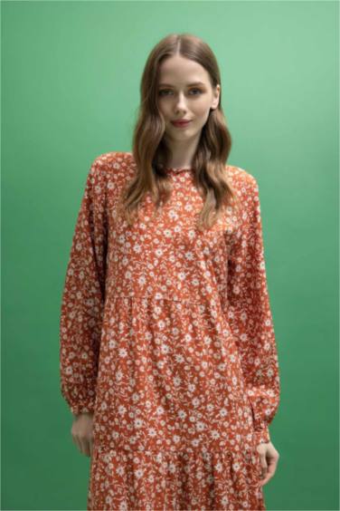Crew Neck Floral Long Sleeve Maxi Dress