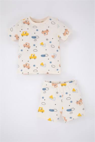 Baby Boy Crew Neck Patterned Rib Organic Cotton 2-Pajama Set