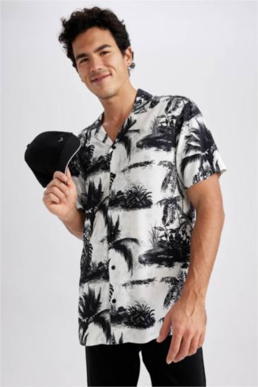 Regular Fit High Collar Printed Viscose Short Sleeve Shirt