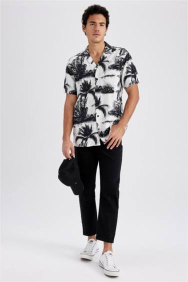 Regular Fit High Collar Printed Viscose Short Sleeve Shirt