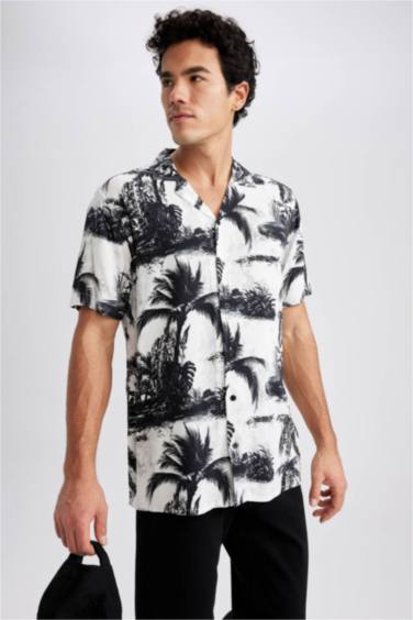 Regular Fit High Collar Printed Viscose Short Sleeve Shirt