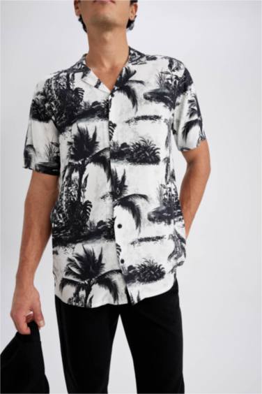 Regular Fit High Collar Printed Viscose Short Sleeve Shirt