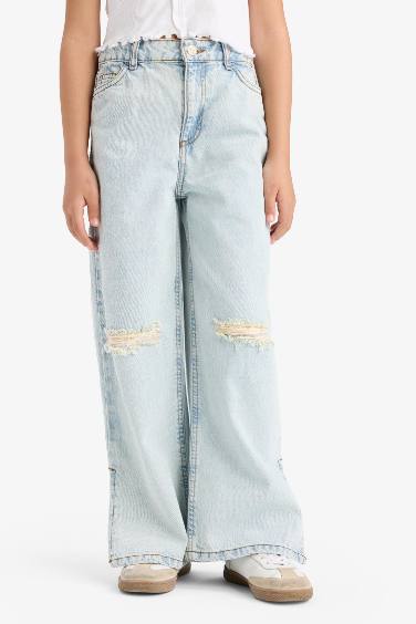 Kız Çocuk Wide Leg Yırtık Detaylı Geniş Paça Jean Pantolon