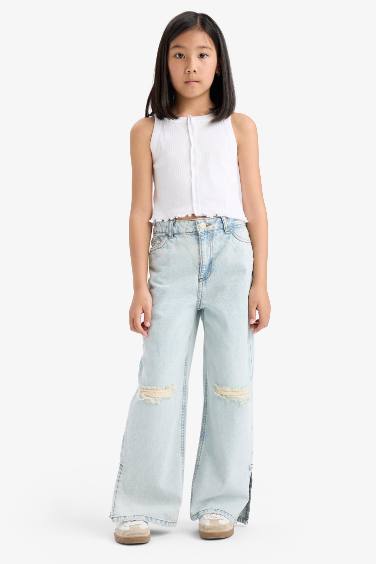 Kız Çocuk Wide Leg Yırtık Detaylı Geniş Paça Jean Pantolon