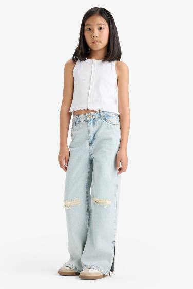 Kız Çocuk Wide Leg Yırtık Detaylı Geniş Paça Jean Pantolon