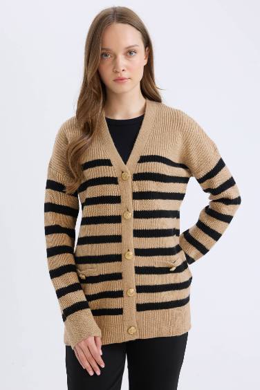 Regular Fit V-Neck Striped Cardigan