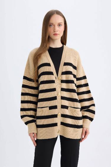 Regular Fit V-Neck Striped Cardigan