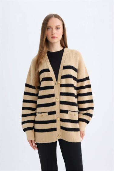 Regular Fit V-Neck Striped Cardigan