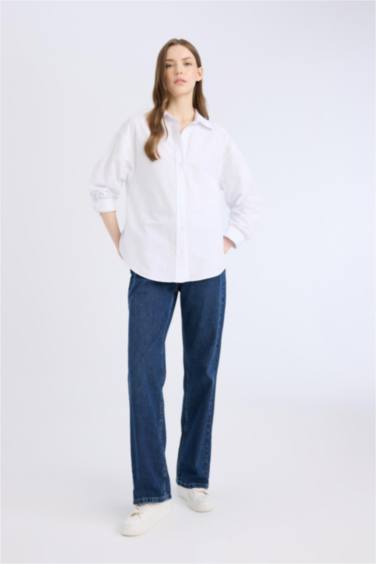 %100 Pamuk Oversize Geniş Kalıp Basic Düz Oxford Uzun Kollu Gömlek