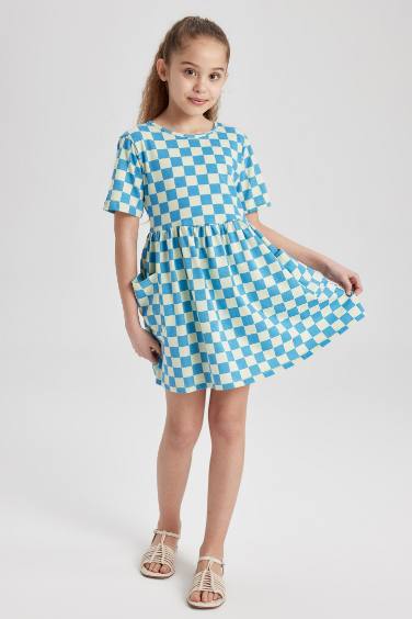 Girl Patterned Short Sleeve Combed Cotton Dress