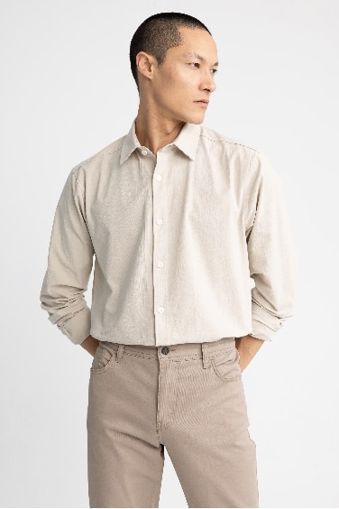 Modern Fit Polo Collar Linen Look Long Sleeve Shirt