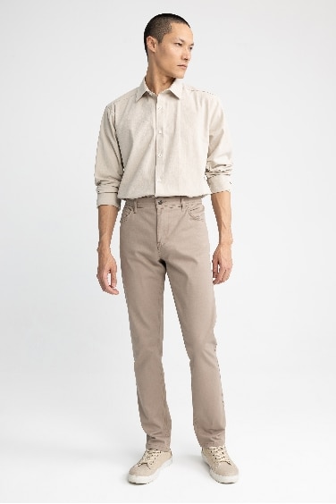 قميص كتان بولو كم طويل مودرن فيت