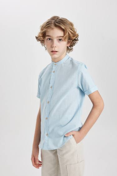 Boy Regular Fit Stand Collar Linen Look Shirt