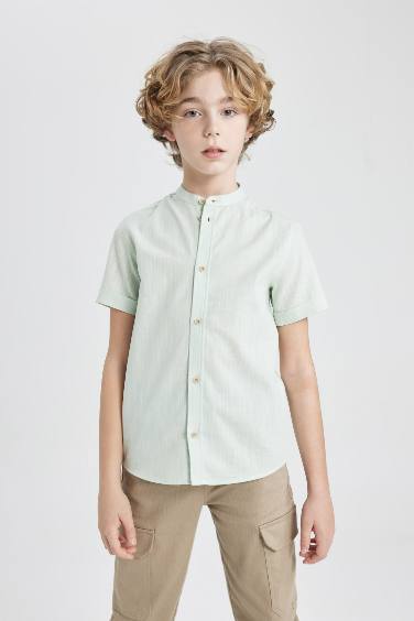 Boy Regular Fit Stand Collar Linen Look Shirt