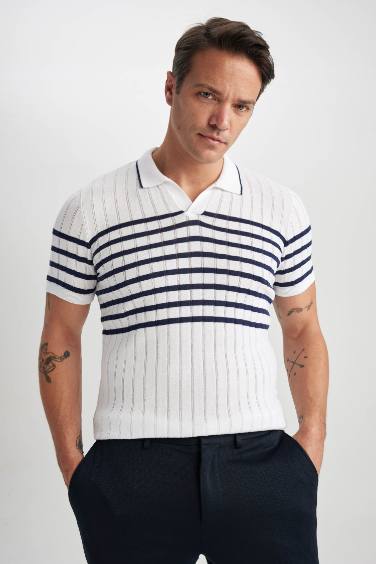 Slim Fit Polo Neck Striped Short Sleeve Knitwear T-Shirt