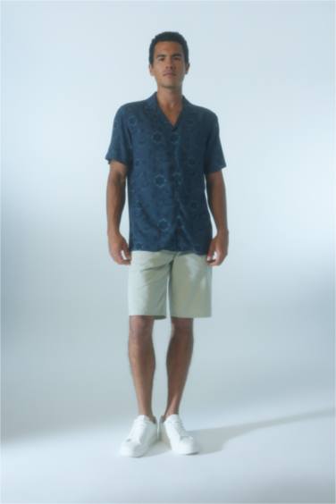 Regular Fit Apache Neck Viscose Printed Short Sleeve Shirt