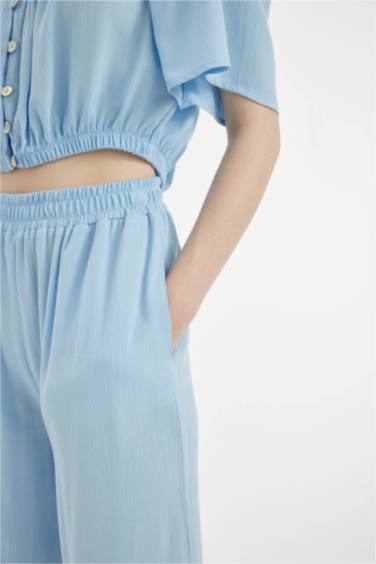 Wide Leg High Waist Standard Length Crinkle Viscose Trousers