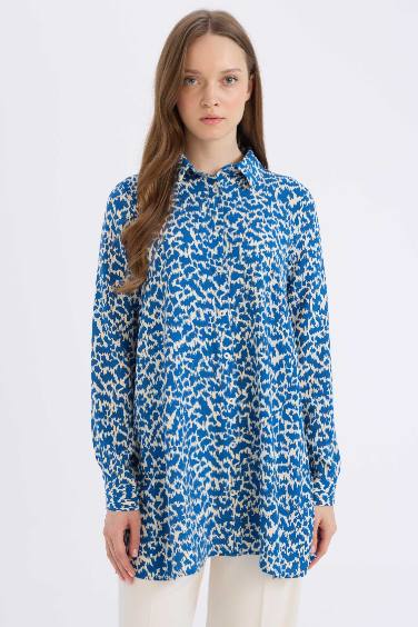 Regular Fit Shirt Collar Printed Long Sleeve Tunic