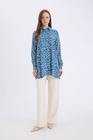 Regular Fit Shirt Collar Animal Long Sleeve Tunic