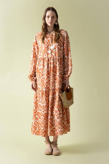 Crew Neck Printed Linen Blend Long Sleeve Dress