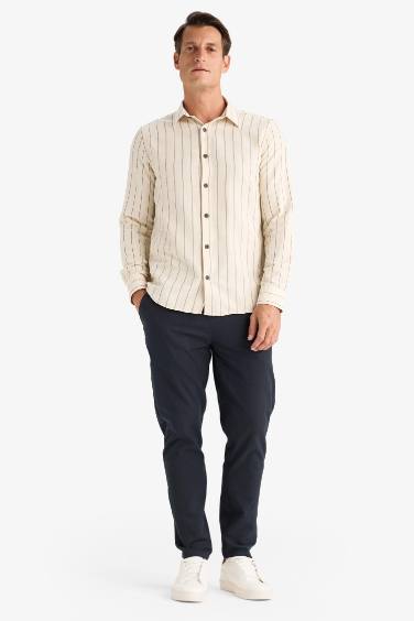 بنطلون كتان جوجر صيفي قطن برجل ضيقة وخصر مطاطي أنثرا غامق