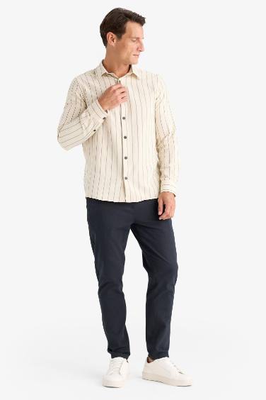 بنطلون كتان جوجر صيفي قطن برجل ضيقة وخصر مطاطي أنثرا غامق