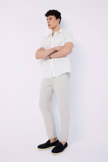 بنطلون كتان جوجر صيفي قطن برجل ضيقة وخصر مطاطي رمادي فاتح