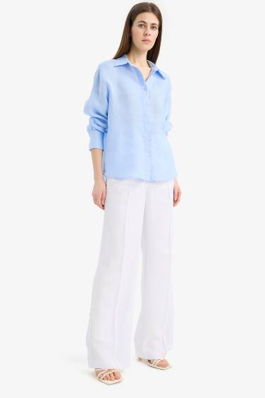 %100 Keten Oversize Geniş Kalıp Uzun Kollu Gömlek