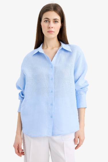 %100 Keten Oversize Geniş Kalıp Uzun Kollu Gömlek